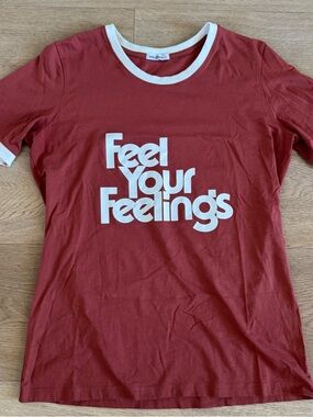The Bee & The Fox Feel Your Feelings Ringer Tee Short Sleeve Large Cotton Shirt